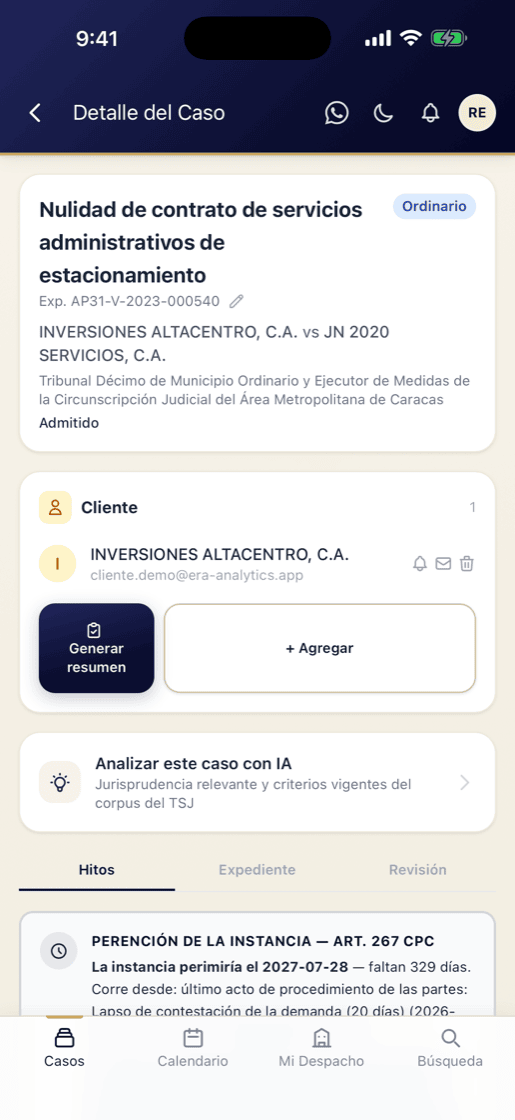 Detalle de un caso con el cronograma procesal y la fecha de perención de la instancia calculada conforme al artículo 267 del Código de Procedimiento Civil.