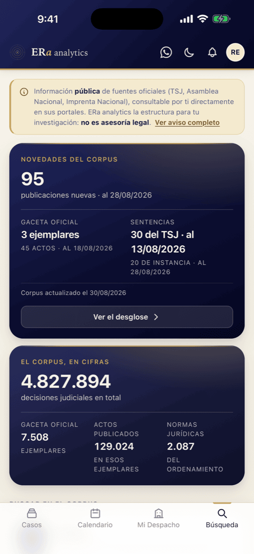 Sección de corpus con las novedades de la semana y los totales de decisiones, ejemplares de Gaceta Oficial, actos publicados y normas vigentes.